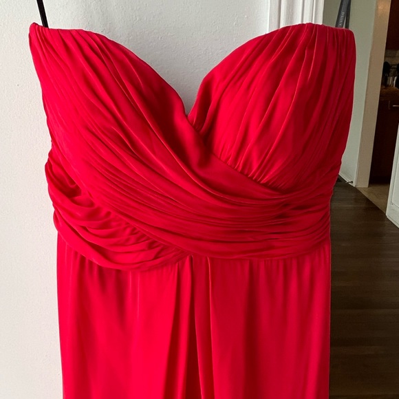 Dessy collection red strapless formal gown. 53 inches in length. Cups sewn in. - Picture 2 of 4